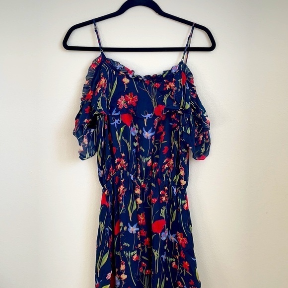 Parker Kam Midi Silk Dress Gardenia Floral Cold Shoulder Ruffle Small - Picture 9 of 13